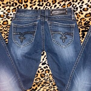 Rock Revival Low Rise Rhinestone Embellished Straight Leg Dark Wash Denim Jeans